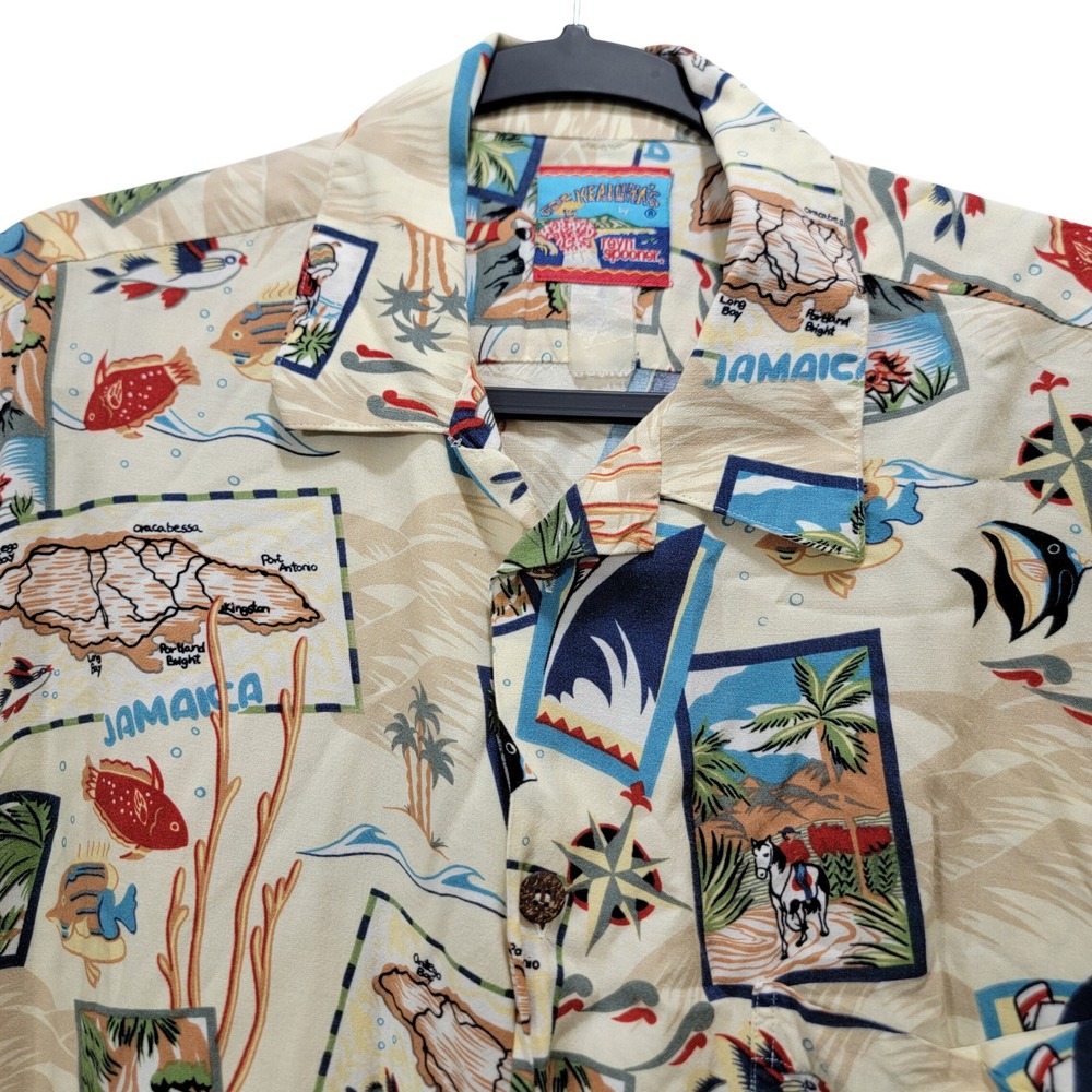 Vtg Reyn Spooner Joe Kealoha Mens Jamaica Postcard AOP Aloha Beach Mens Shirt XL